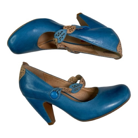 Miz Mooz Solange Leather Maryjane’s Size 7 Turquoise/Tan 3.5” Pump Leaf Strap - Picture 2 of 13